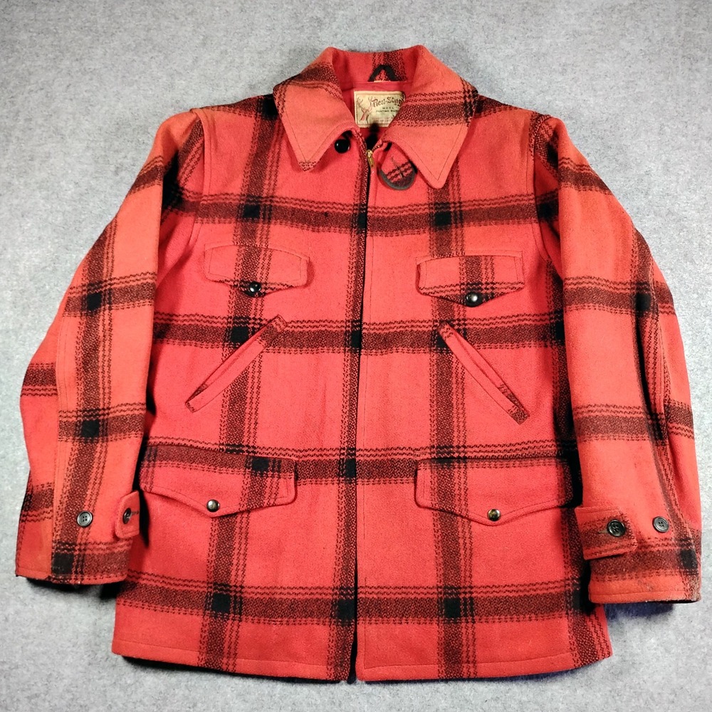 Vintage Red Stag Wool Hunting Jacket Red Black Buffalo Plaid Cruiser Coat Men XL